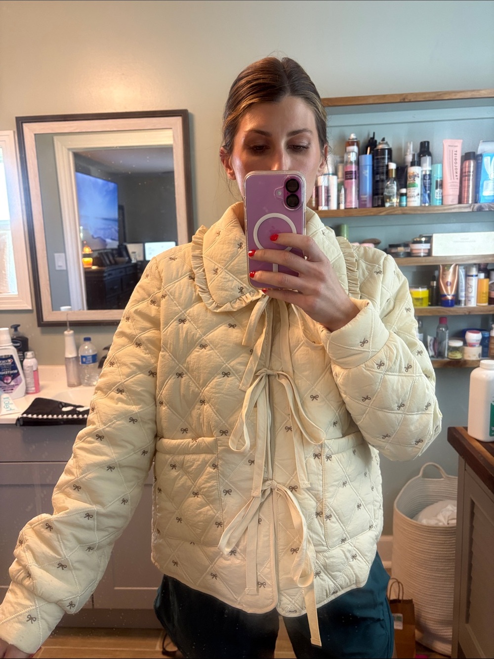 Women's Quilted Bow-Tie Puffer Jacket in Cream